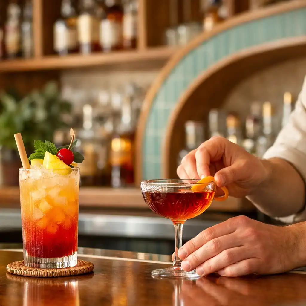 Bartender finishing a crafted drink beside a colourful non-alcoholic drink at NAXSOL ENTERPRISES LTD