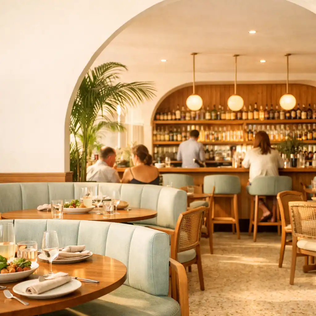 Sunlit NAXSOL ENTERPRISES LTD dining room with curved seating, timber tables and a softly active bar