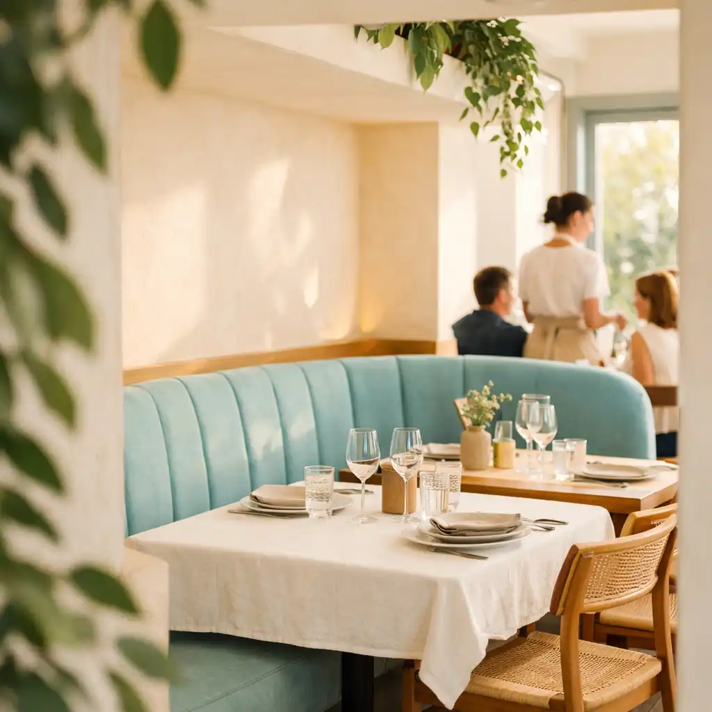 Curved dining seating framed by indoor greenery at NAXSOL ENTERPRISES LTD