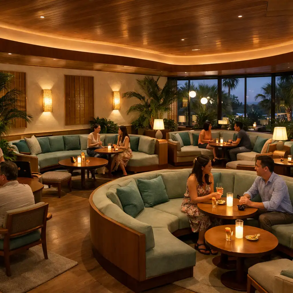 Warmly lit NAXSOL ENTERPRISES LTD lounge with curved seating and relaxed guests