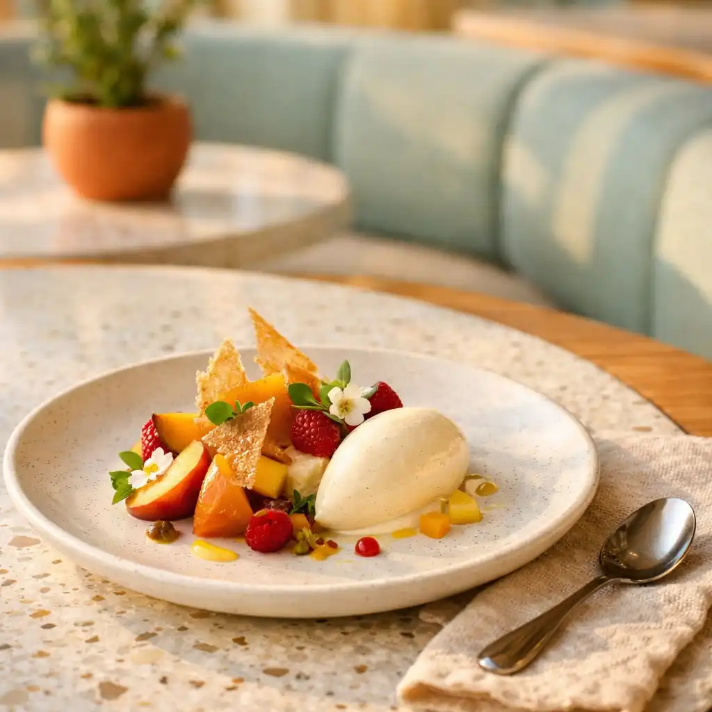 A refined plated dessert on a sunlit dining table.