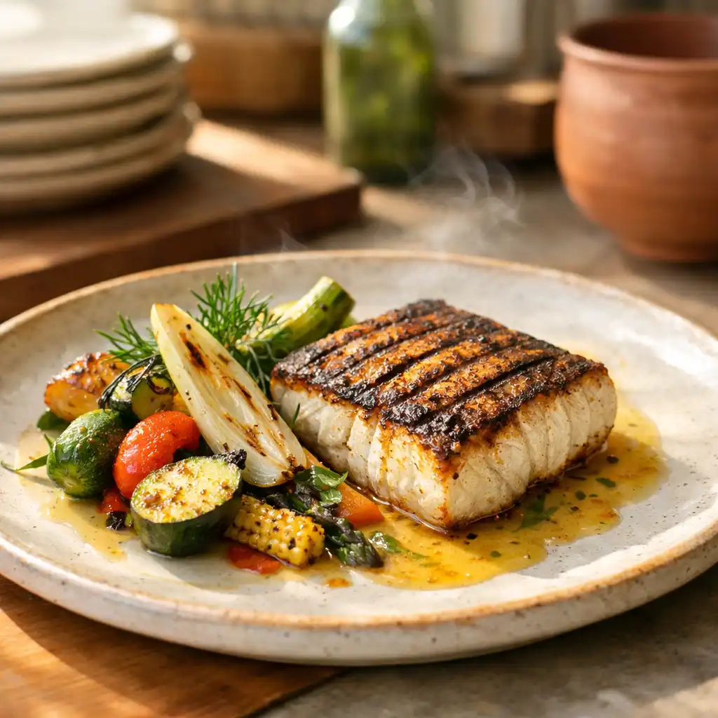A plated grill selection with charred vegetables and a refined sauce.