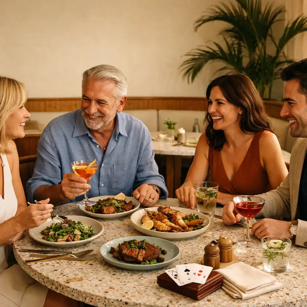 Adult guests sharing dishes and cocktails at a sunlit NAXSOL ENTERPRISES LTD dinner table