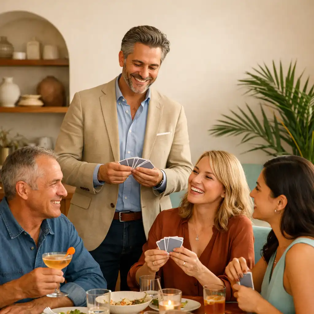 Restaurant host with adult diners sharing food and drinks in NAXSOL ENTERPRISES LTD's sunlit interior