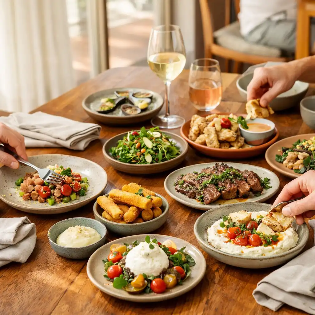 Diners serving contemporary sharing plates across a timber table