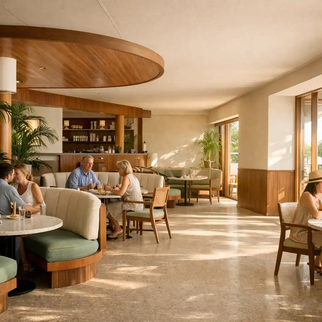 Sunlit NAXSOL ENTERPRISES LTD dining room with curved seating, timber, terrazzo and relaxed guests