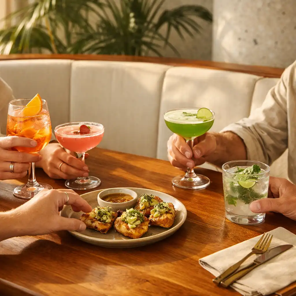 Diners sharing cocktails and a plated snack at a timber table