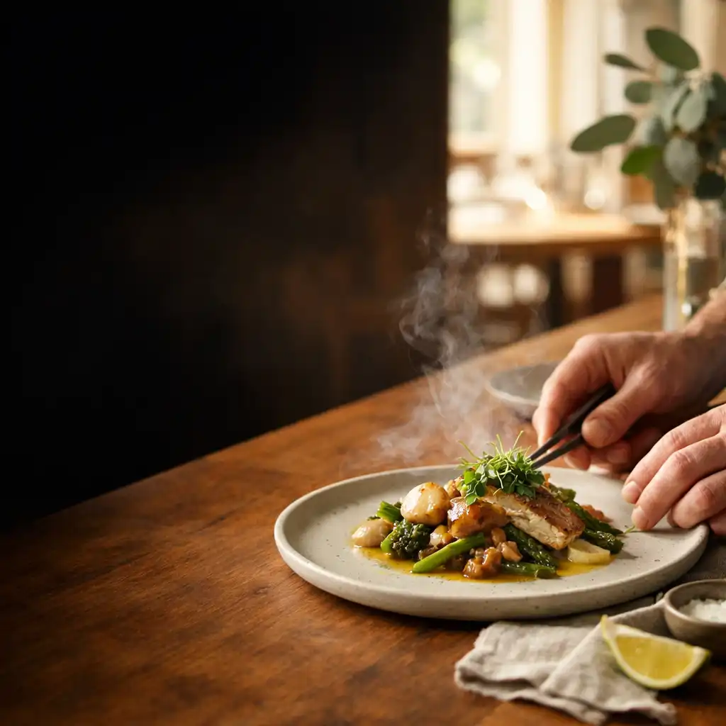 Chef's hands carefully finishing a plated dish at a warm timber pass