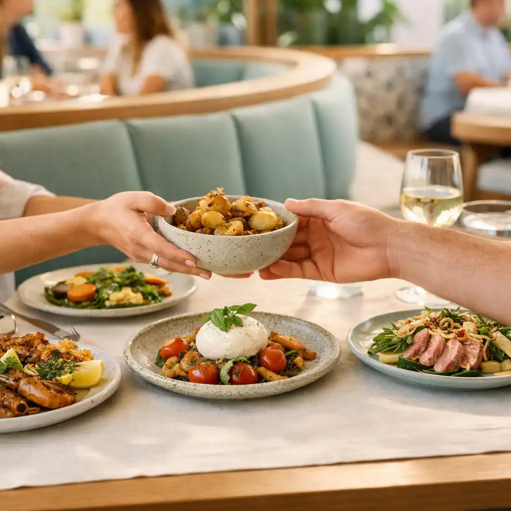 Several refined dishes being shared at a sunlit NAXSOL ENTERPRISES LTD table