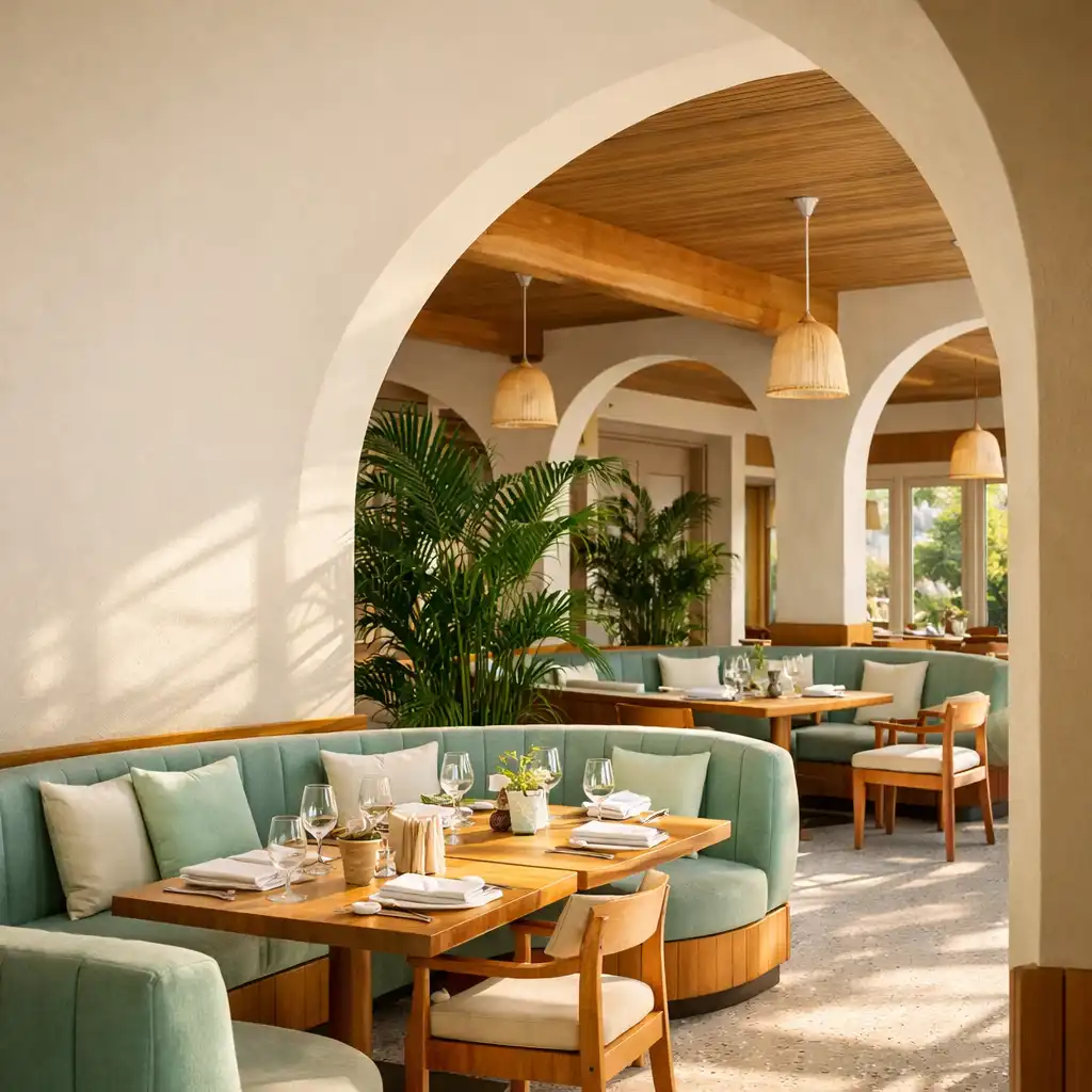 Sunlit NAXSOL ENTERPRISES LTD dining room with curved seating, timber tables and indoor greenery