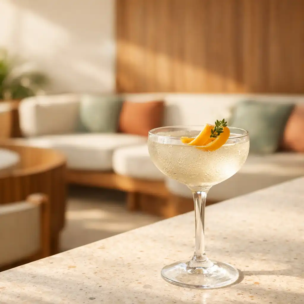A refined cocktail in a stemmed glass on a sunlit terrazzo bar