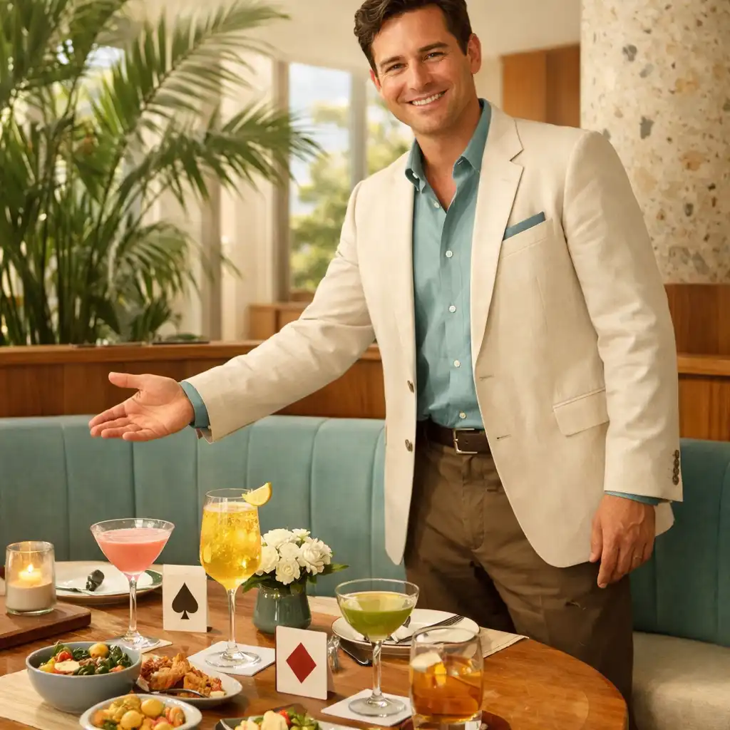 A NAXSOL ENTERPRISES LTD host welcoming guests beside cocktails and a curved banquette in the sunlit restaurant interior.