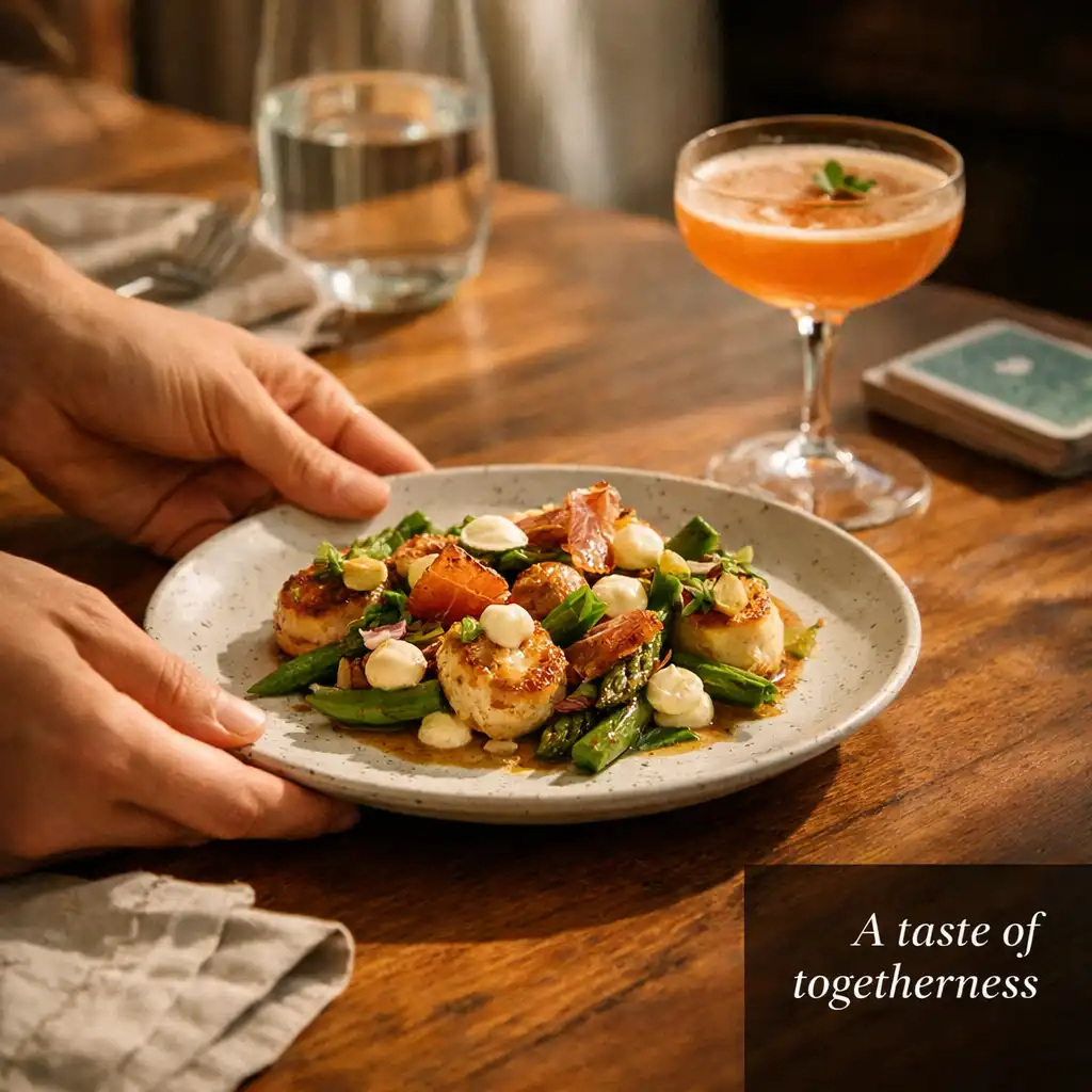 Hands placing a refined shared plate on a timber dining table with glassware and a cocktail.