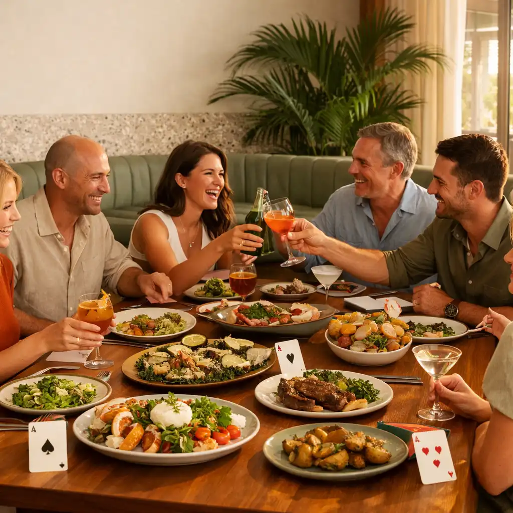 Adult guests sharing plated food and cocktails around a timber table in NAXSOL ENTERPRISES LTD's sunlit dining room.
