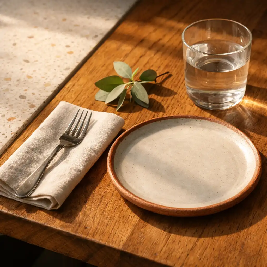 Table setting beside warm timber and pale terrazzo surfaces