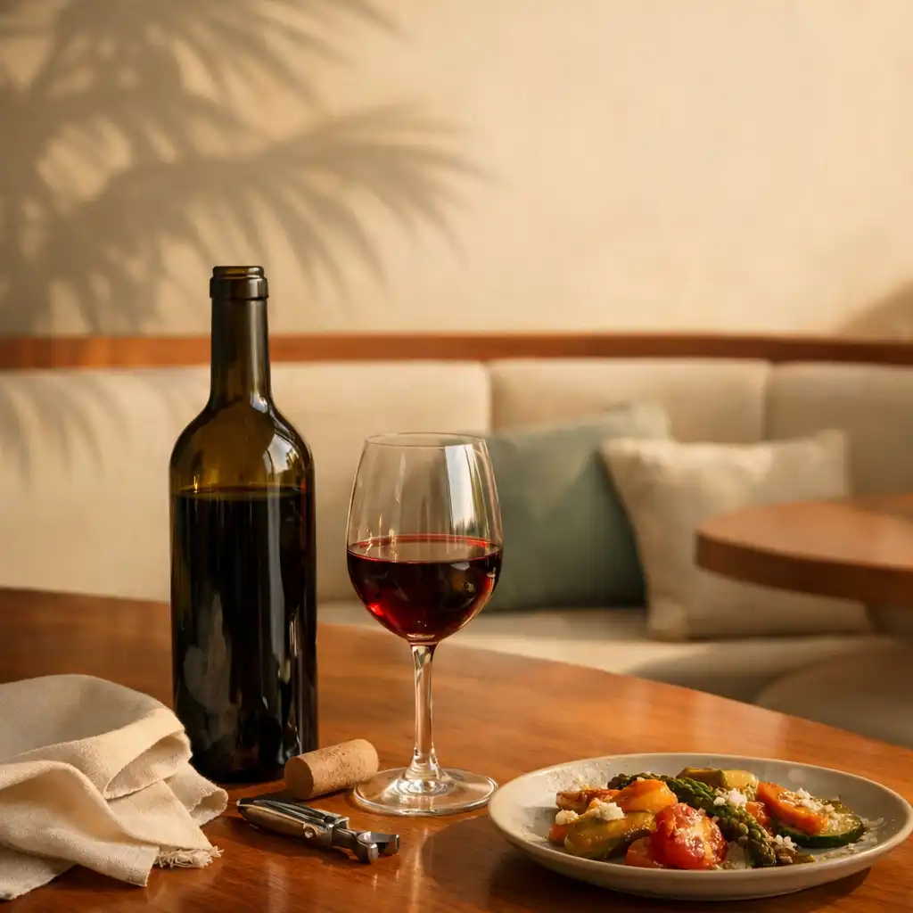 Wine bottle and glass on a teak table in late-afternoon light